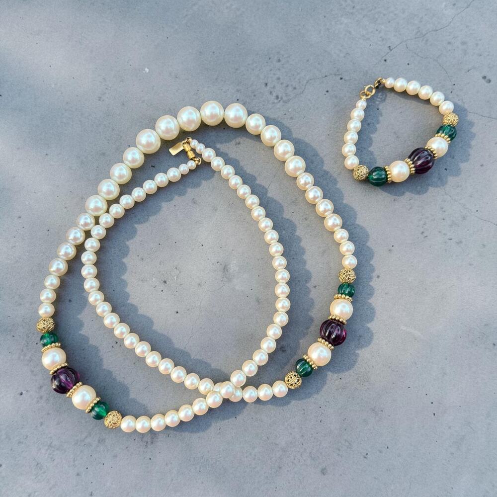 Vintage 1928 Faux Pearl Glass Necklace & Bracelet Set NWT